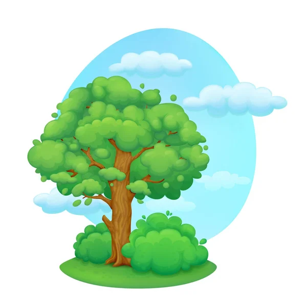 Cartoon tree with bushes	. Spring day — Stock Vector